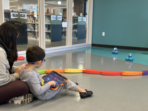 Adult and child playing with Dash and Dot robots. 