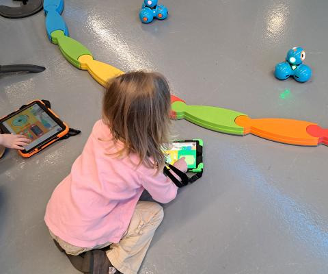 Girl playing with robots
