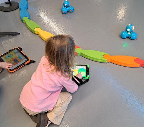 Girl playing with robots