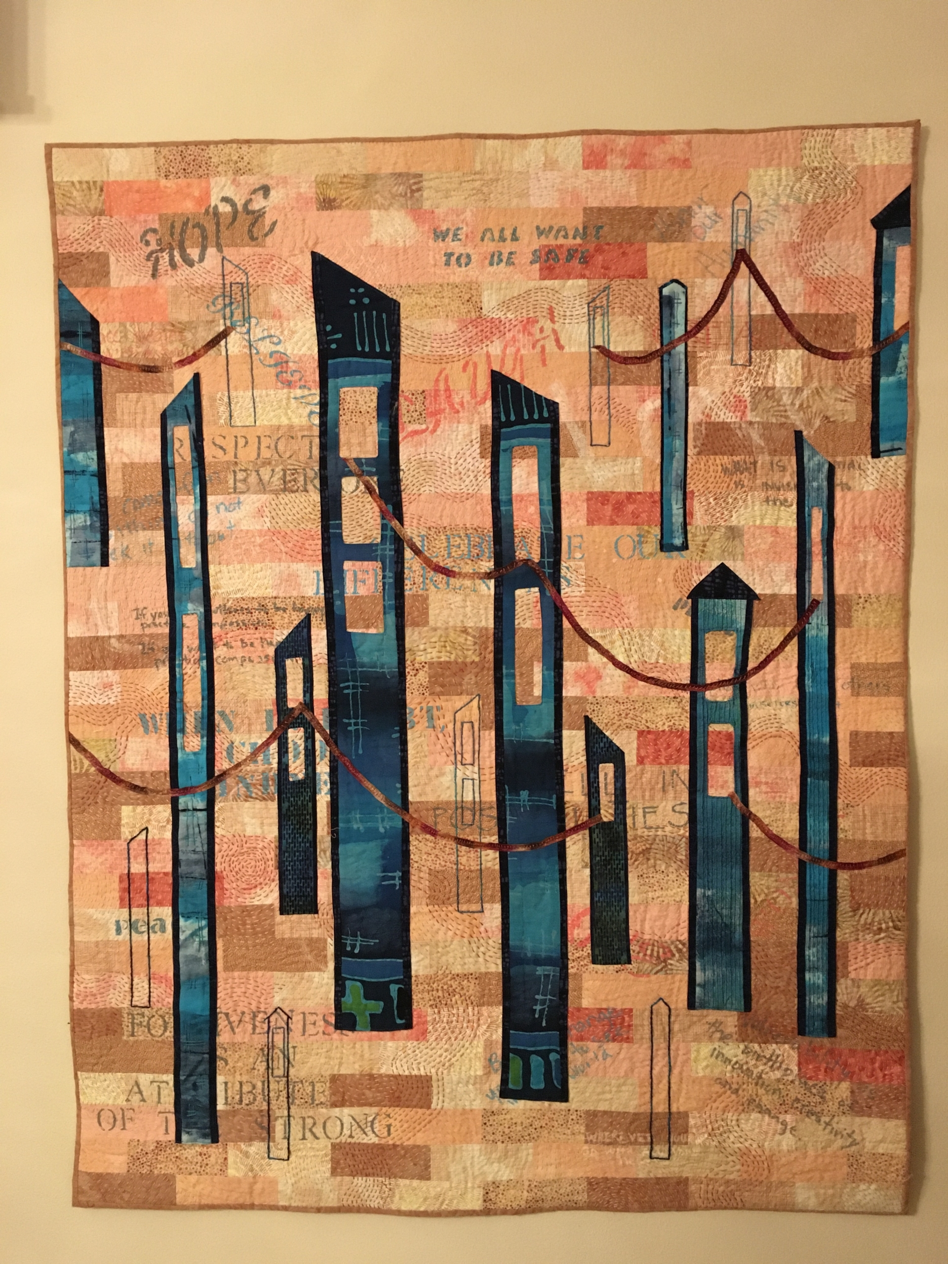 "Seeking Connections; Taking Risks" | Gini Ewers | textiles (silk, cotton), acrylic paint, hand-dyed perle cotton