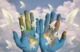World map on two hands with doves flying into a blue sky with fluffy white clouds