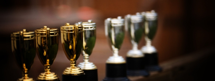 A line of gold and silver trophies. Color Photograph.