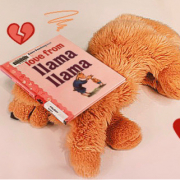 A stuffed toy Golden Retriever lies on its side, seemingly squashed by the children's book 'Love from Llama Llama' and surrounded by cutely drawn broken hearts and frustration marks.