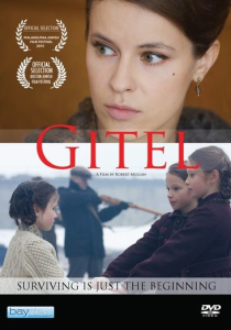 Cover for film Gitel depicts two images: one of a close-up of a soman's face who has brown hair and green eyes and is looking over her right shoulder, the other depicts three young girls in the foreground and an elder gentleman in the background holding a rifle, not aimed at the young girls. 