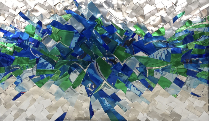 “Splash” | Susan Pearson | assemblage: aluminum cans nailed on board | 21″ x 13″ | $1000 "Splash" | Susan Pearson | assemblage: aluminum cans nailed on board | 21" x 13" | $1000