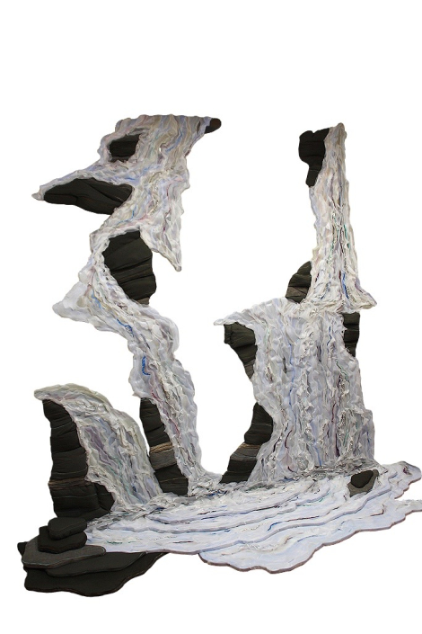 “Waterfall” | Susan Pearson | assemblage: fabric, plastic milk bottles, foil | 96″ x 96″ x 32″ | $9000 "Waterfall" | Susan Pearson | assemblage: fabric, plastic milk bottles, foil | 96" x 96" x 32" | $9000