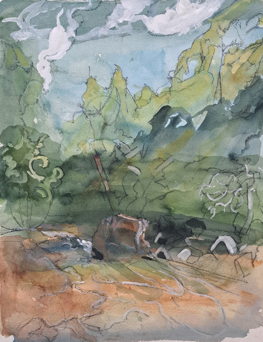 “Time and Space on Cascade River” | Anders Shafer | watercolor | 20″ x 16″ | $350 "Time and Space on Cascade River" | Anders Shafer | watercolor | 20" x 16" | $350