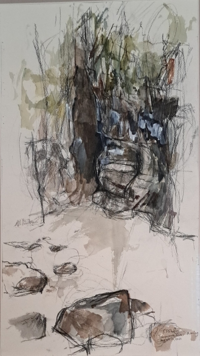 “Temperance River, Morning, August 10, 2021” | Barbara Shafer | watercolor, charcoal, pencil | $550 "Temperance River, Morning, August 10, 2021" | Barbara Shafer | watercolor, charcoal, pencil | $550