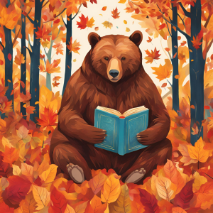 Image of a cartoon bear reading a book while surrounded by autumn trees and falling leaves.