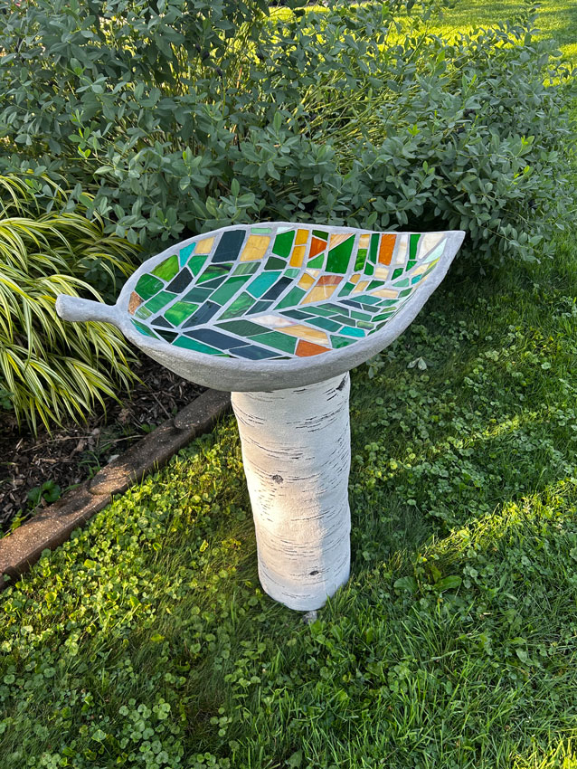 Birch Birdbath | Brian Paral | concrete, stained glass | $500